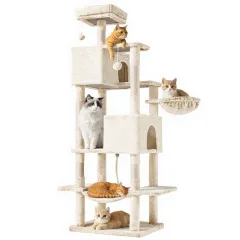 66 Inch Cat Tree Tower, Large Multi-Cat Climbing Extended Platform, Hammock, Pet House For Indoor Cats And Kittens Play - Beige - View 1
