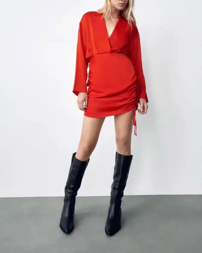 Women's Lapel Long Sleeve Slim Pleated Dress