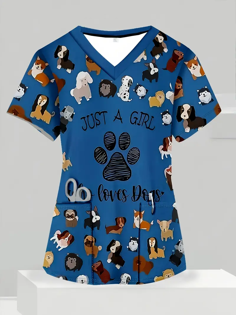 Plus Size Women's Vibrant Print Scrub Top Casual V-Neck Short Sleeve