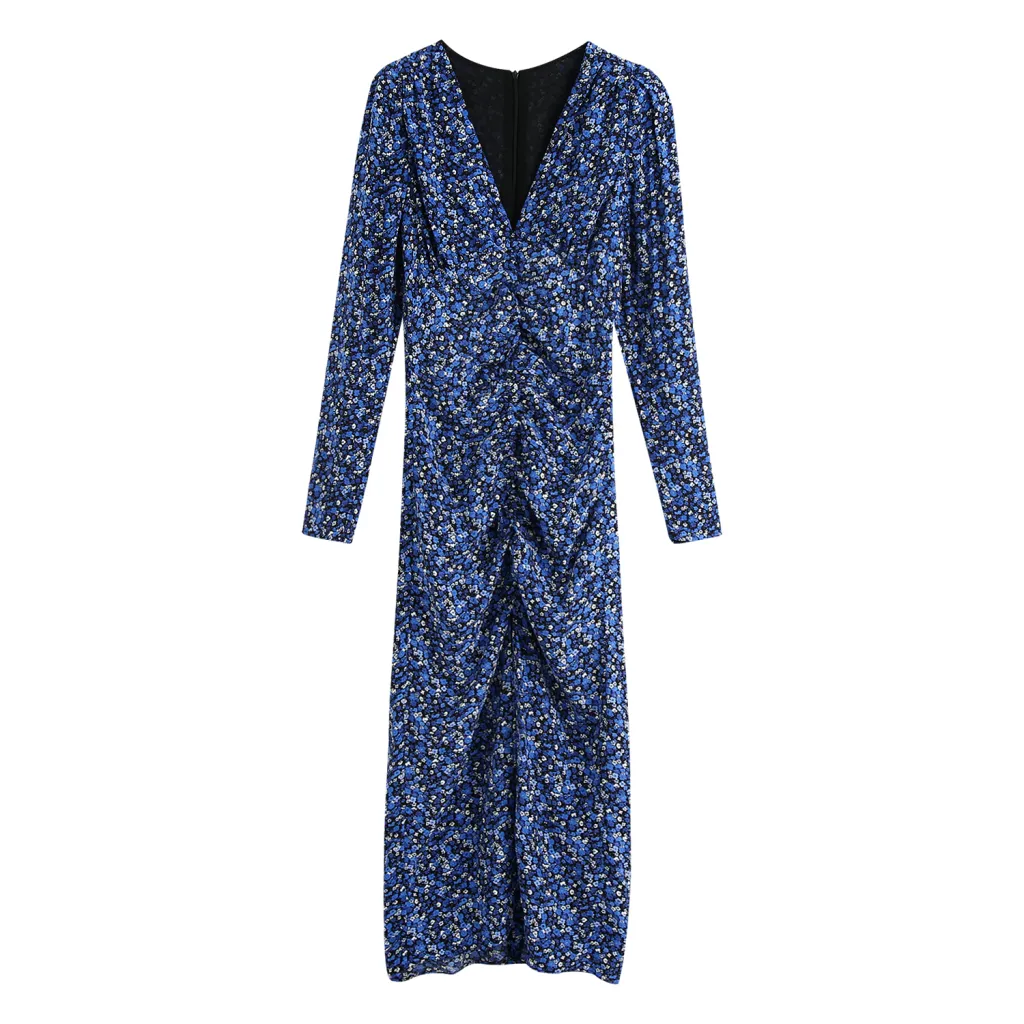 Printed V-neck Pleated Waist Long-sleeved Dress Women - Floral