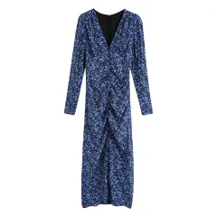 Printed V-neck Pleated Waist Long-sleeved Dress Women - Floral - View 1