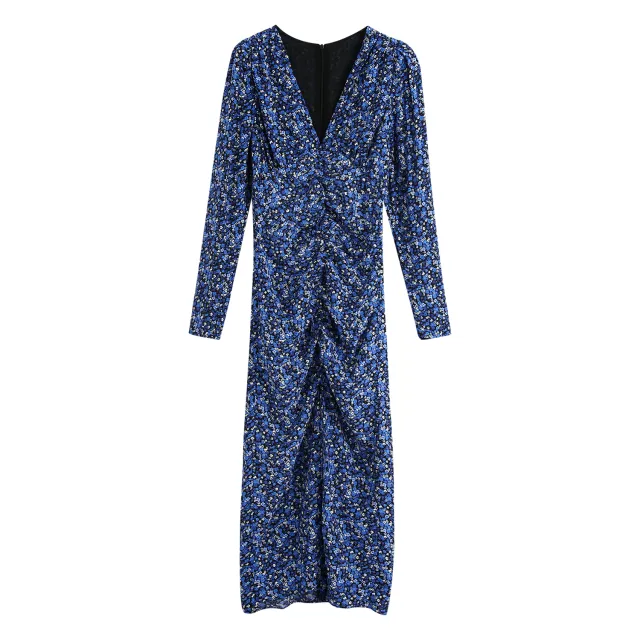 Printed V neck Pleated Waist Long sleeved Dress Women Floral - Shop at LoveMi