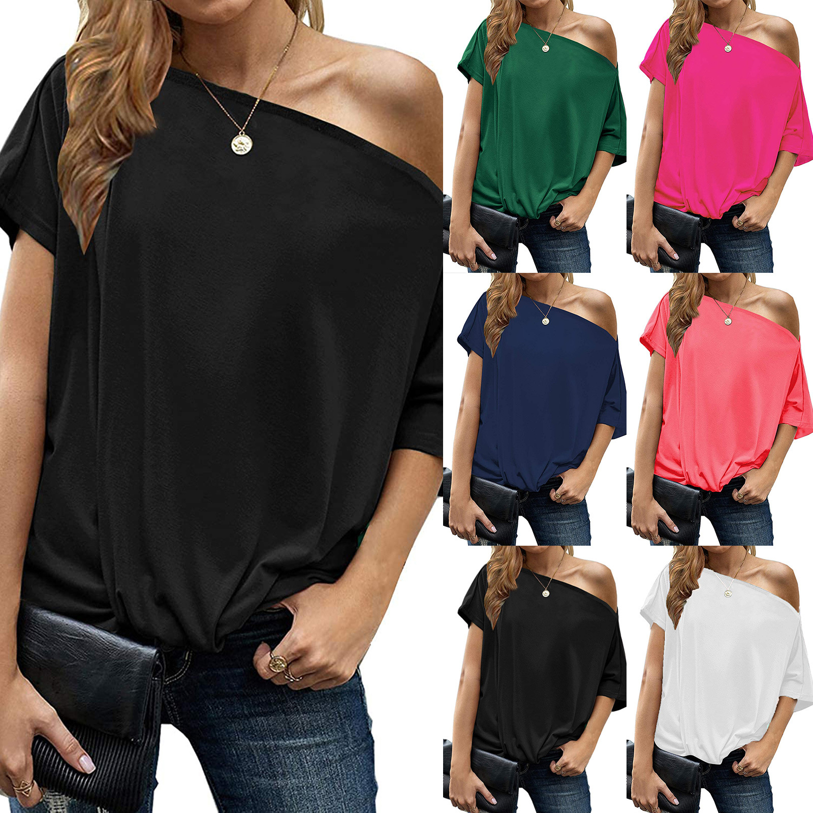 Women's Cross-border Loose Short-sleeved T-shirt With Irregular Shoulders