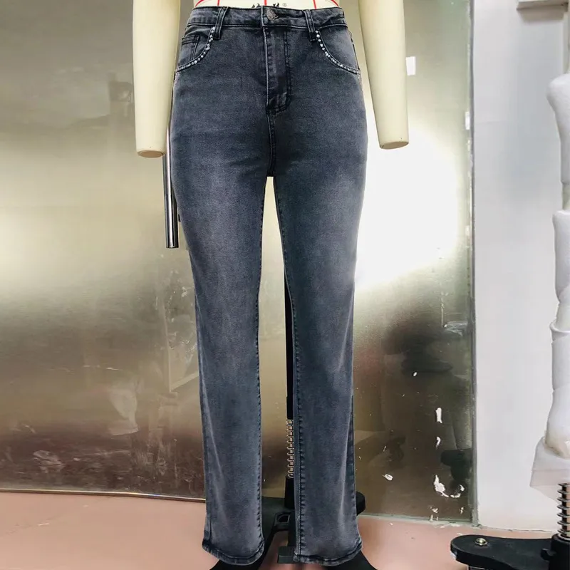 Retro Embroidery Skull Beaded Elastic High Waist Thin Flared Denim Trousers Women - Dark Grey