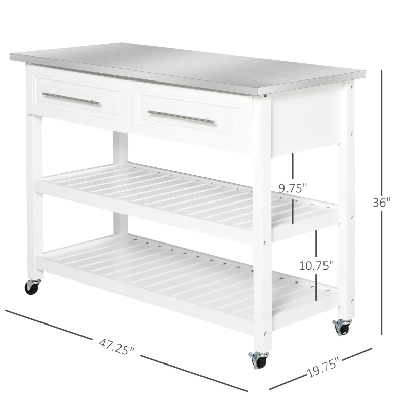 Kitchen Island With Stainless Steel Top, Traditional Kitchen Island With Storage, Butcher Block Cart 2-Tier Open Shelves, Drawers, White