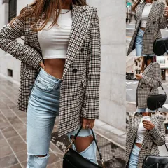 Women's Winter Plaid Long Suit Jacket - Photo Colour-S - View 1