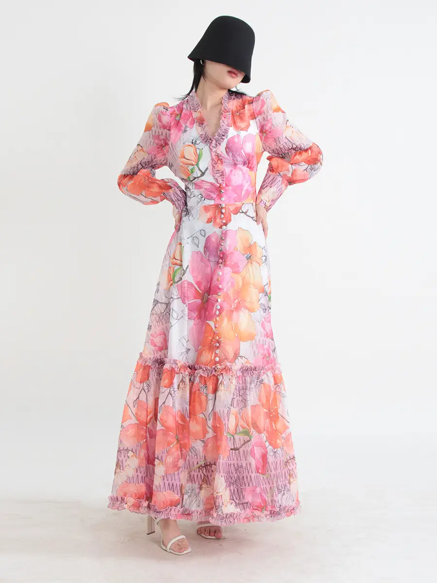 V-neck Ruffled DesignSleeve Waist Long Printed Dress For Women