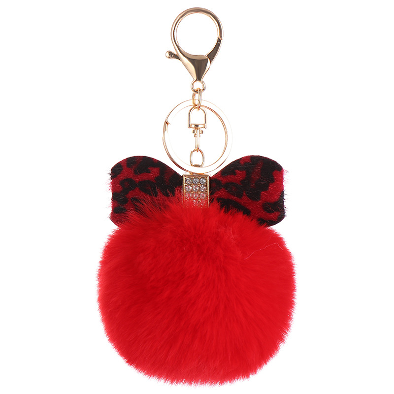 Leopard Bow Fur-Ball Schoolbag Pendant Key Chain – White