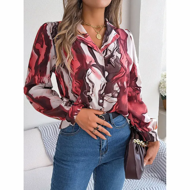 Women Fashion Button Down Shirts V Neck Printed Long Sleeve Blouses Dressy Casual Fall Tops Wine Red - Shop at LoveMi
