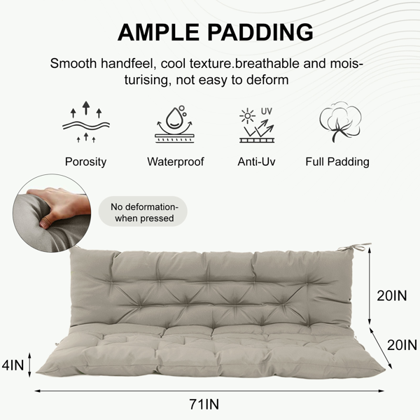 Outdoor Swing Cushions 70 Inch, Waterproof 4in Thick Porch Swing Cushion Replacement With Backrest And Ties, Comfortable 2-3 Seat Pation Swing Pad For Backyard, Garden, Lawn, Outdoor Furniture-khaki — foto 3