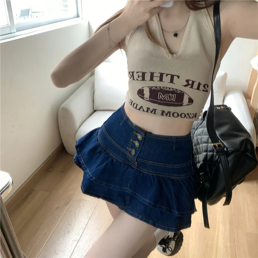 Women's Retro Ruffled Denim Skirt - Navy Blue