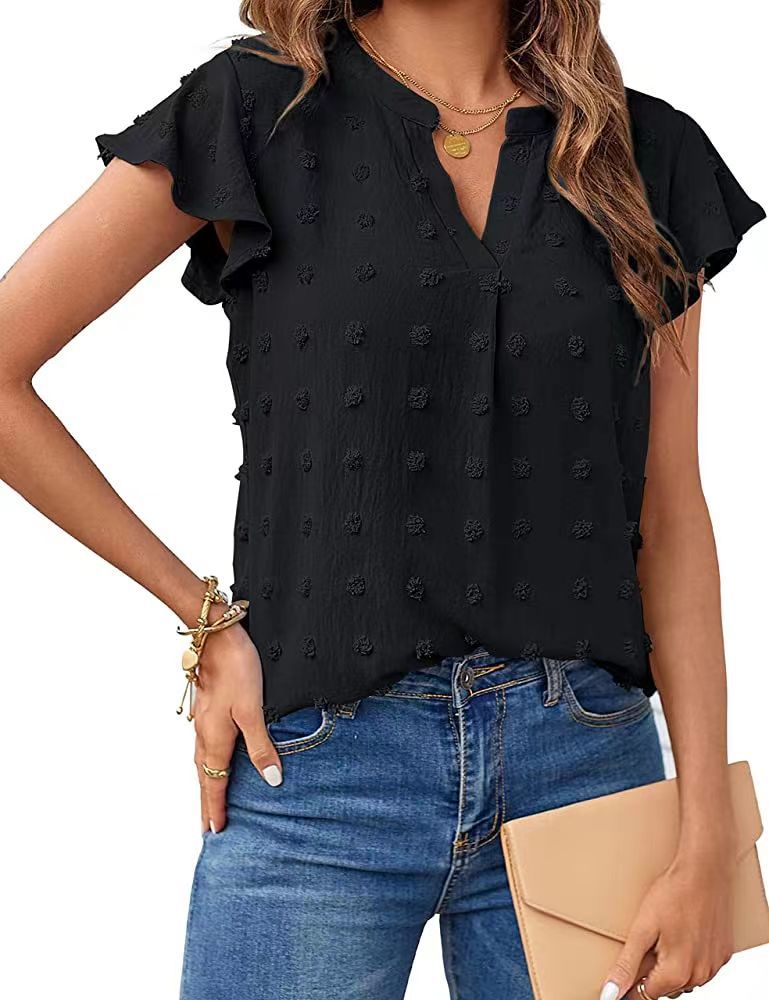 Women's Fashion V-neck Ruffle Sleeve Chiffon Shirt Short Sleeve