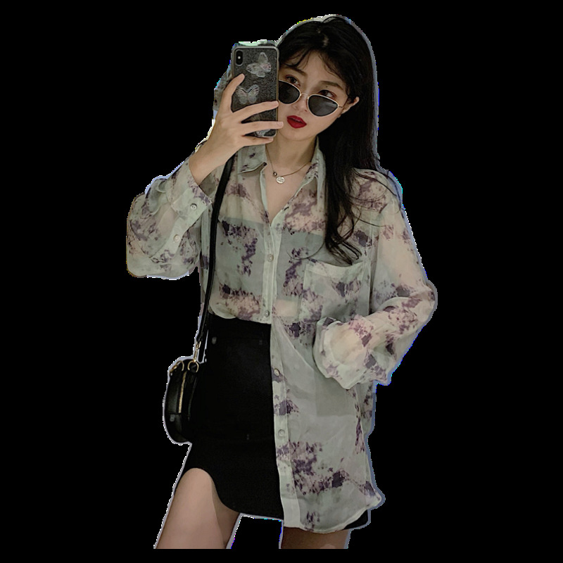 Ink Smudge Design Print Shirt Loose And Thin See-through Long-sleeved Sun Protection Jacket