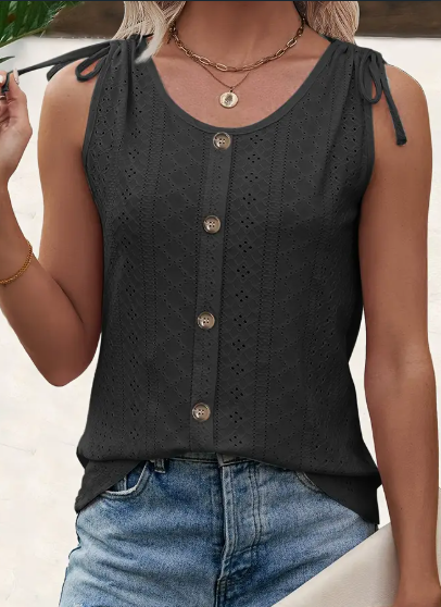 Eyelet Button Front Tank Top, Casual Sleeveless Tank Top For Summer, Women's Clothing Black - Shop at LoveMi