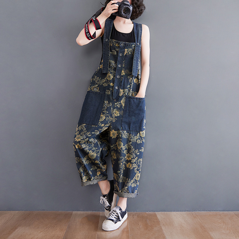 Title 3, Tuta jumpsuit in denim stampato, gamba larga, t...