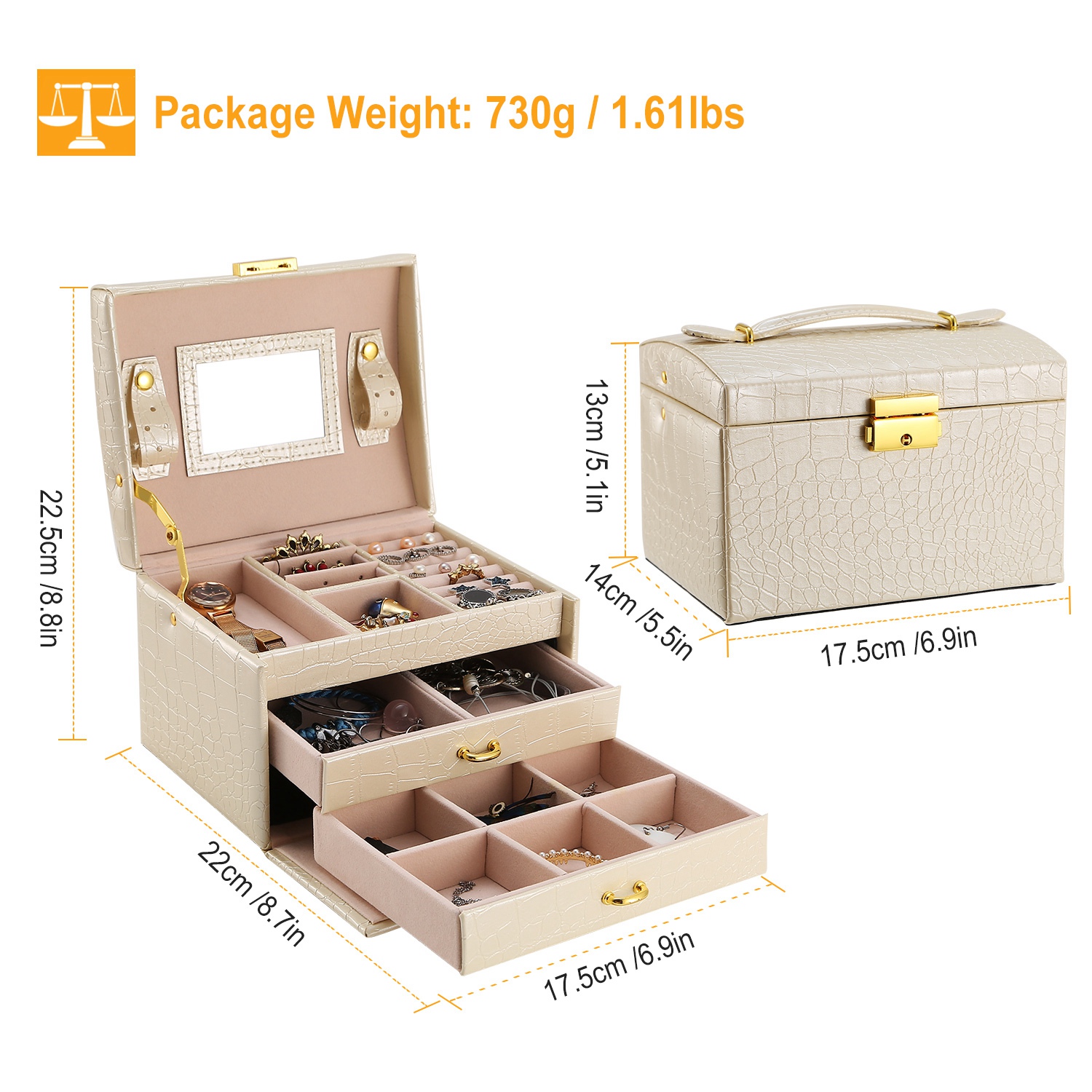 1Pc Jewelry Case Organizer 3-layer Lockable Travel Jewelry Box PU Leather Storage Display Case With Mirror Protective For Bracelets Earrings Rings Necklaces