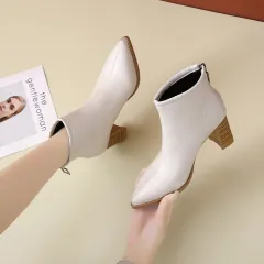 Pointed Toe Women's Chunky Heel Fashion Back Zip Martin Boots - Beige - View 1
