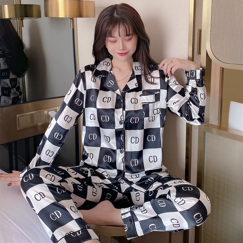 Summer Thin Long Sleeve Cardigan Ice Silk Pajamas Set