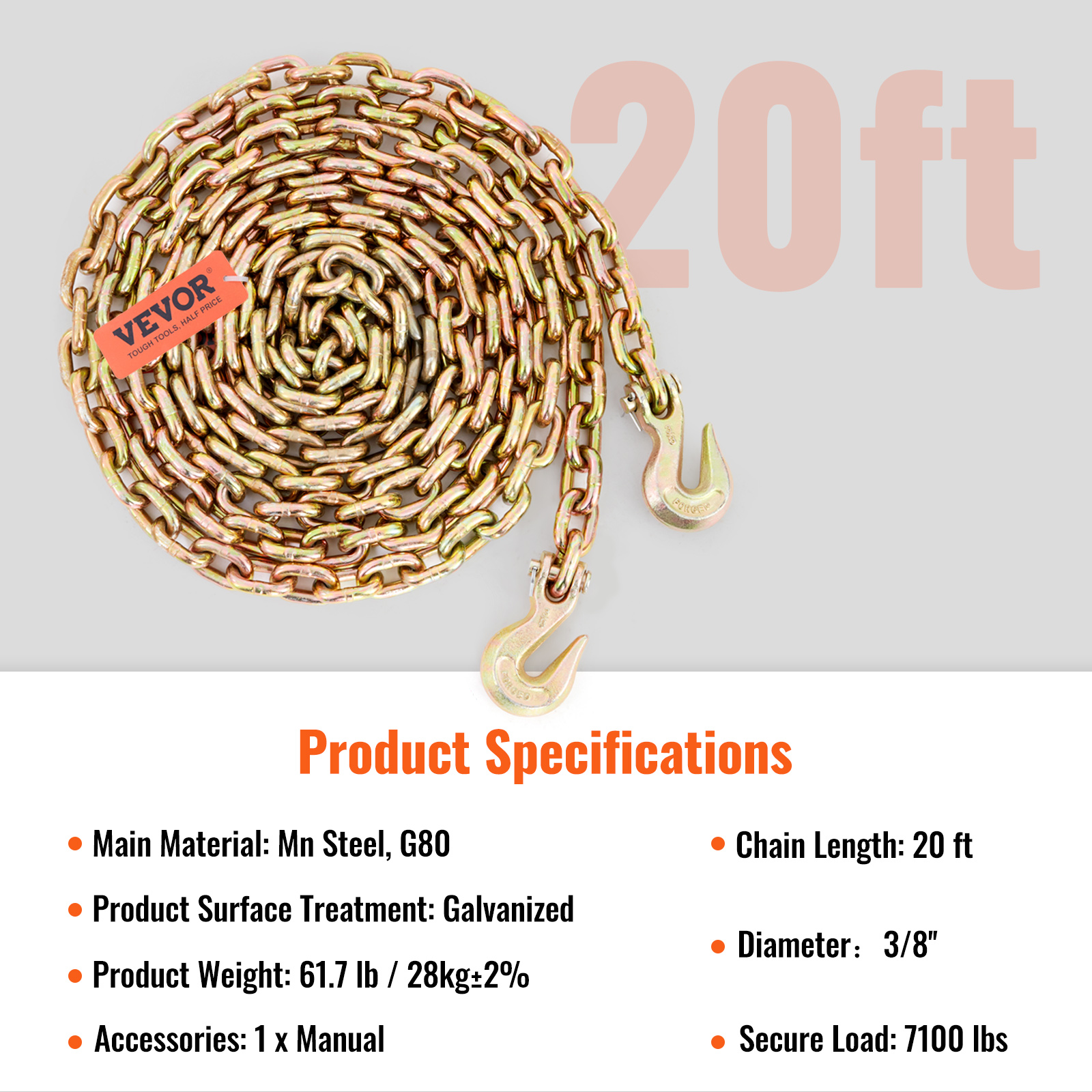 VEVOR Transport Binder Chain, 7100lbs Working Load Limit,G80 Tow Chain Tie Down With Grab Hooks, DOT…