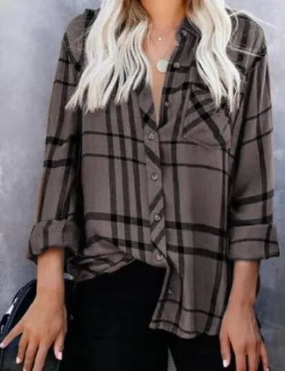 European And American Lapel Casual Long Sleeve Plaid Printed Lining Grey - Shop at LoveMi