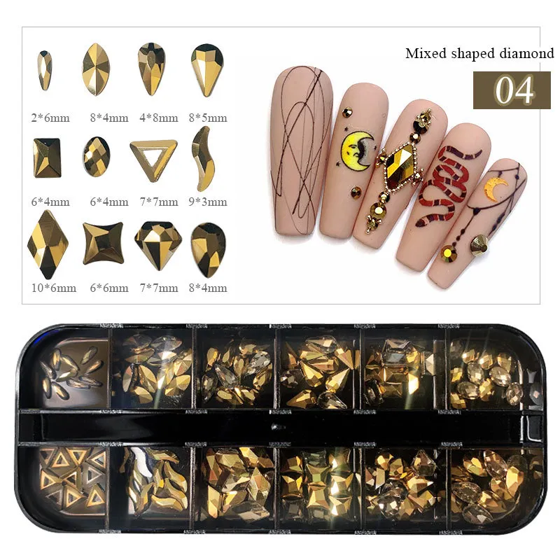 Boxed Flat Bottom Shaped Diamonds Coloured Glass Rhinestone Nail Art - A4