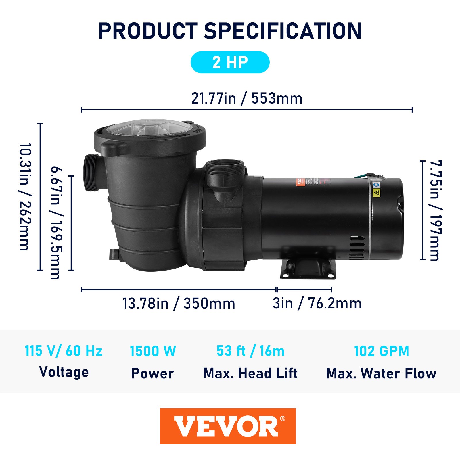 VEVOR Swimming Pool 2.0HP 115V 1500W, Single Speed Pumps For Above Ground Pool, Strainer Basket, 5400 GPH… image 4