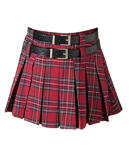 New Little Style Versatile Double Belt Short Skirt Fresh Plaid Pleated Red Skirt - Shop at LoveMi