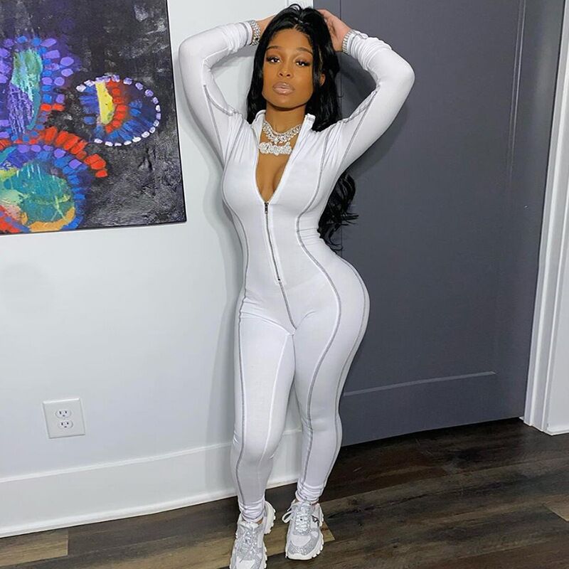 Women's Striped Zip Collar Long Sleeve Jumpsuit - Image 8