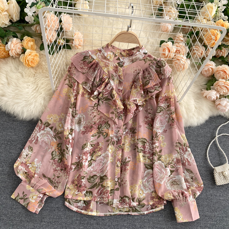 Sweet Pleated Ruffled Slim-fitting Puff Sleeve Chiffon Blouse