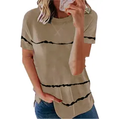 European And American New Neckline Cross Stripe Print T-shirt - Khaki - View 1