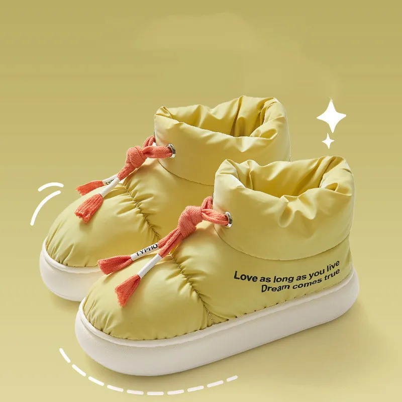 Winter Drawstring Cotton Shoes Indoor Outdoor Waterproof Thicked Plush Snow Boots Woman Comfortable Soft Sole Warm Ankle Boot - Green