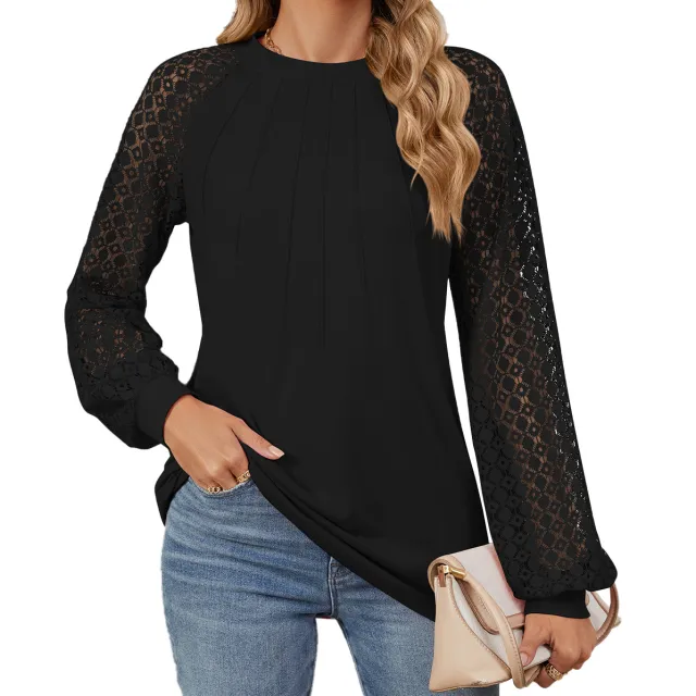 New Lace Long Sleeve Round Neck T shirt Fashion Loose Solid Color Pullover Top For Womens Clothing Black - Shop at LoveMi