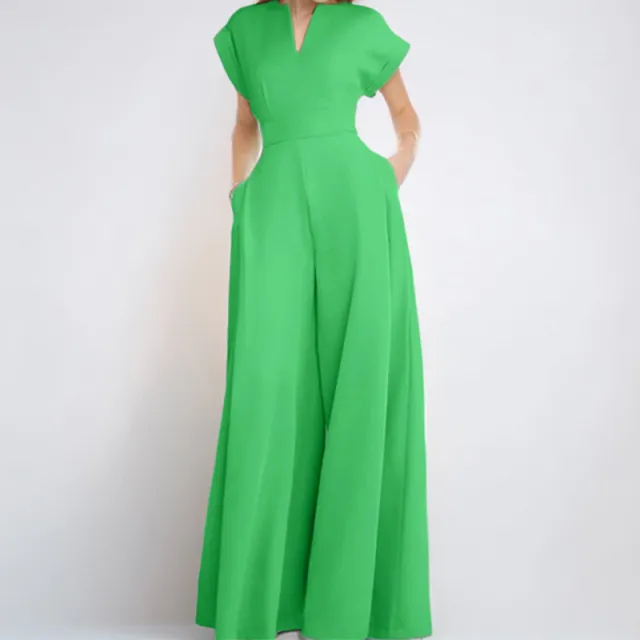 Women's V Neck Solid Color Short Sleeve Jumpsuit Wide Leg A Line Waist Tied Casual Summer Outfit Green - Shop at LoveMi