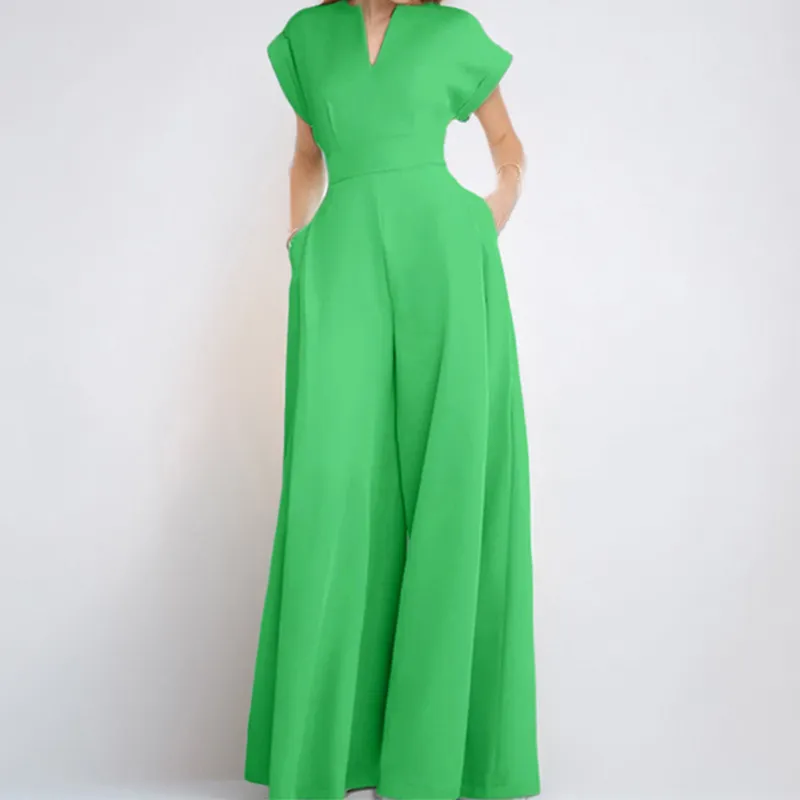 Women's V-Neck Solid Color Short Sleeve Jumpsuit Wide Leg A-Line Waist Tied Casual Summer Outfit - Green