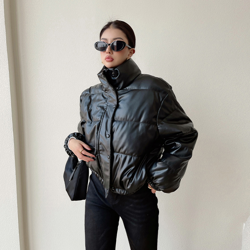 PU Leather Short Padded Jacket Women's Warm And Thick