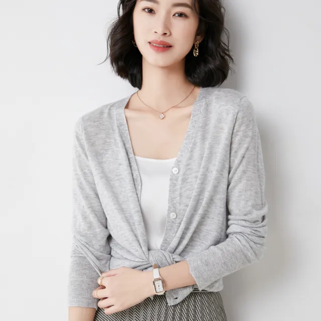 Summer Short Outer Loose Solid Color All match V neck Sweater Grey - Shop at LoveMi