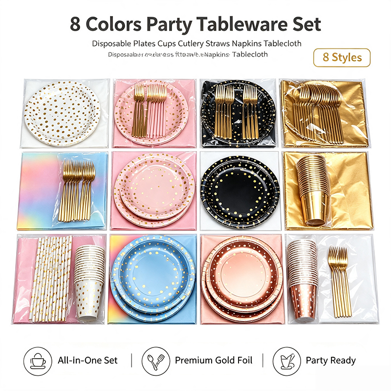 Disposable Gold Dot Party Tableware Set, Paper Plates Cups Napkins Straws Golden Cutlery Tablecloth, All In One Party Supplies For Birthday Baby Shower Wedding Picnic, 8 Colors Available - image 2
