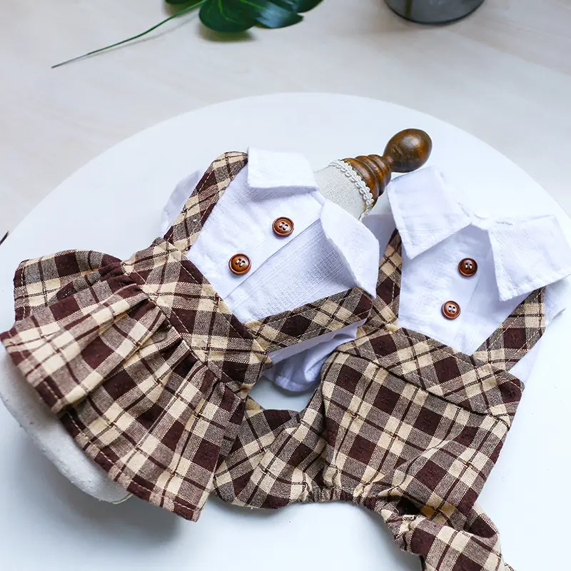 Coffee Lattice Student Style Pet Outfit with Suspenders for Dogs and Cats