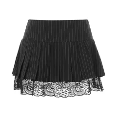 Short Pleated Skirt Lace - Black - View 1