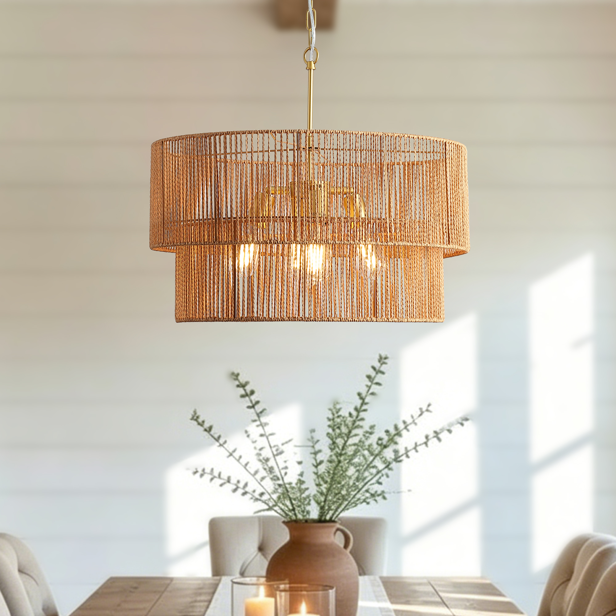 23.62in  Handwoven Woven Paper Rattan Chandelier, 2-Tier Boho Wabi-Sabi Pendant Light, Gold Metal Hanging Ceiling Lamp, Wicker Lighting Fixture For Dining Room Kitchen Island Living Room — foto 6