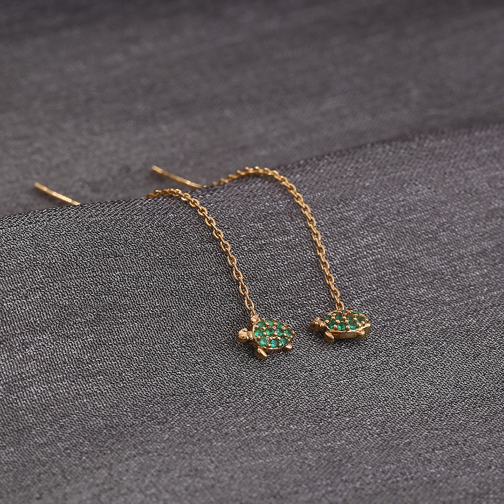 Thin Face Earlines, The New Trend Of Small Simple Tassel Earrings Long Copper Micro-green Zircon Small Turtle Earrings Pendant