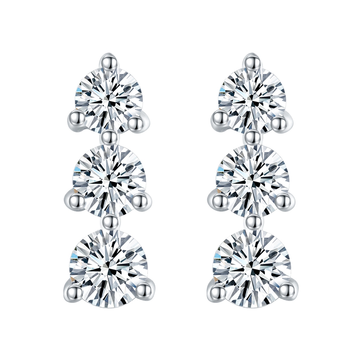 S925 Sterling Silver Moissanite 3 Stone Earrings  Round Cut Screw Back Studs With GRA Certificate Platinum Plated Vertical Drop Jewelry Gift Box Set For Women