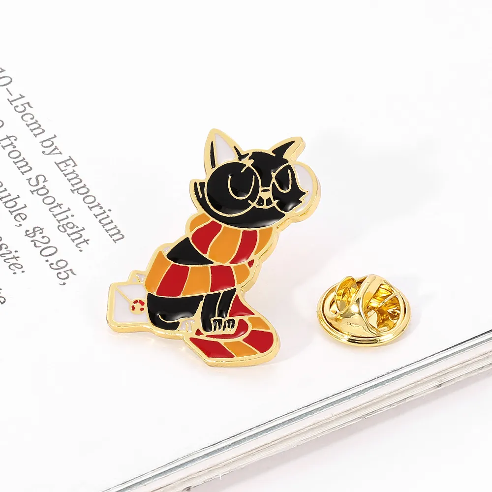 Fashion Cat With Scarf Metal Enamel Brooch - Gold