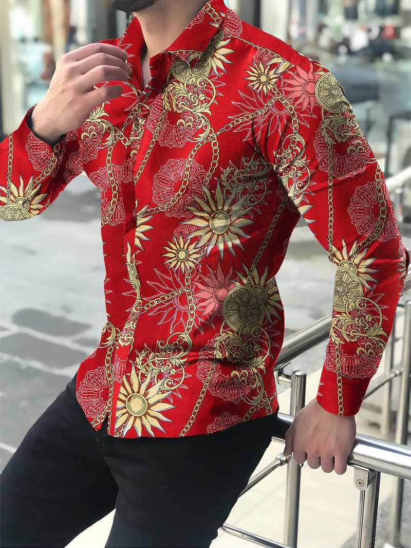 Spring And Autumn New Men's Casual Long-sleeved Floral Shirt