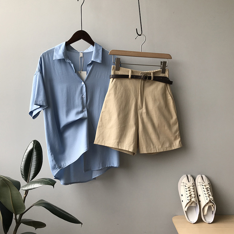 Korean Style Elastic Waist Loose Wide Leg Casual Shorts Khaki - Shop at LoveMi