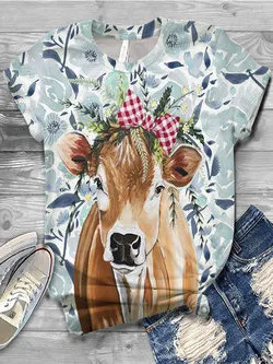 European And American Animal Printed Short Sleeved T shirt Blue Colored Cattle - Shop at LoveMi