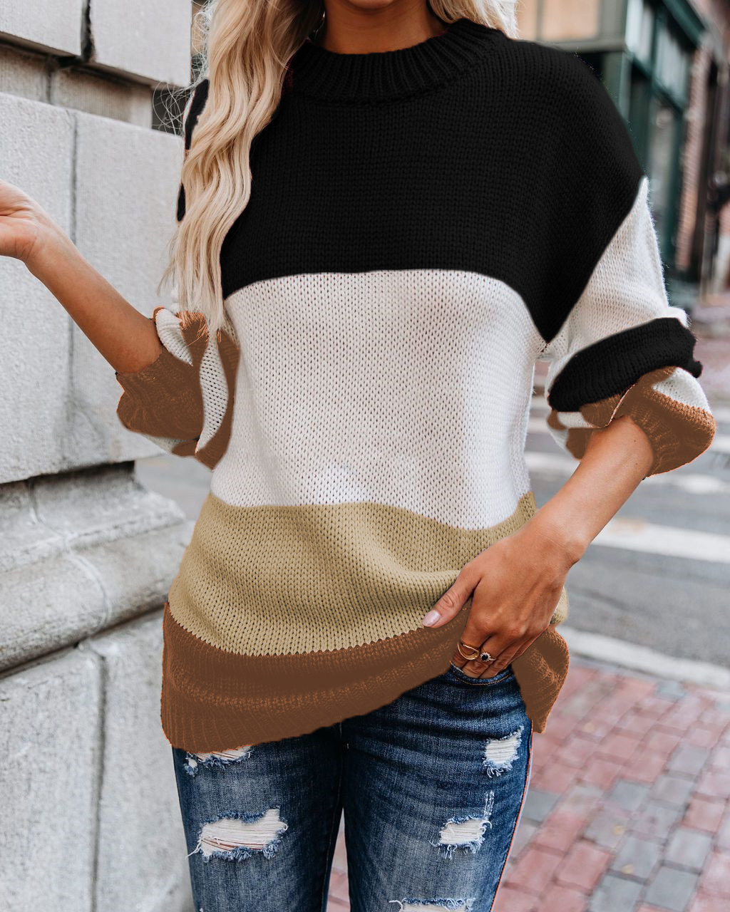 Autumn And Winter Knitted Sweater Round Neck Striped Sweater Women