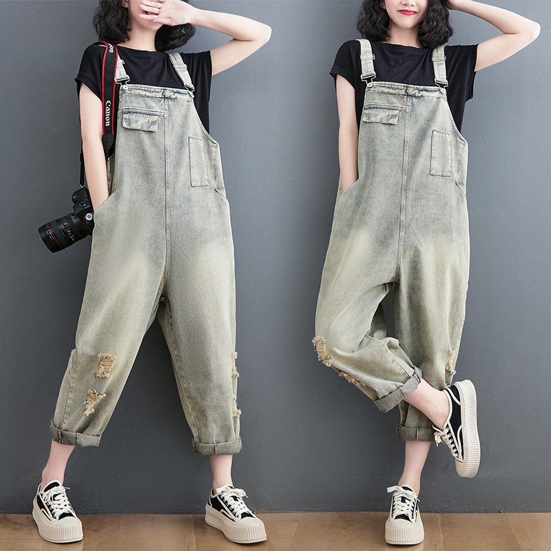 Spring And Summer Art Retro Hole Jean Suspenders Women