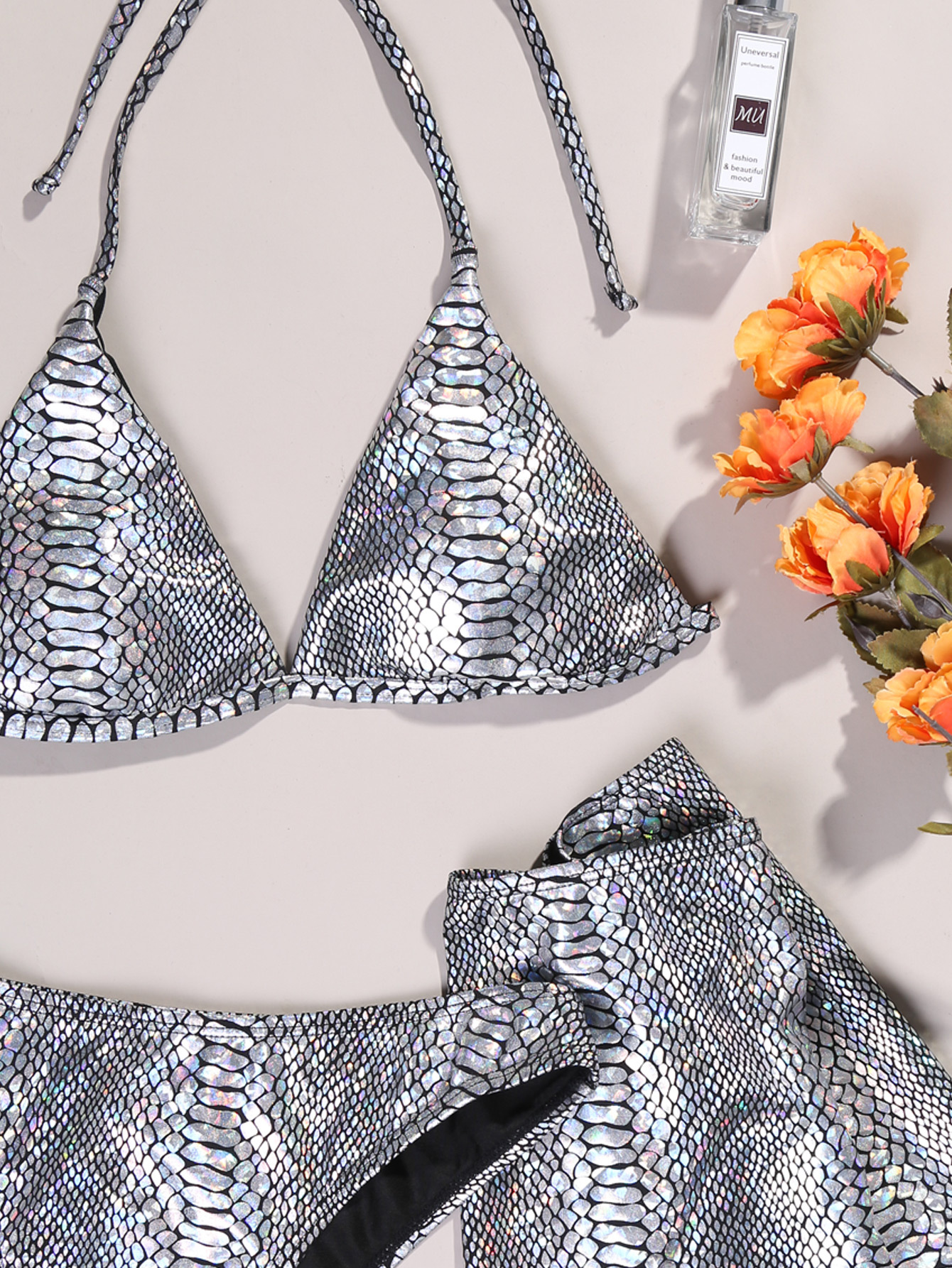 Women’s Three Piece Leather Snake Print Swimsuit