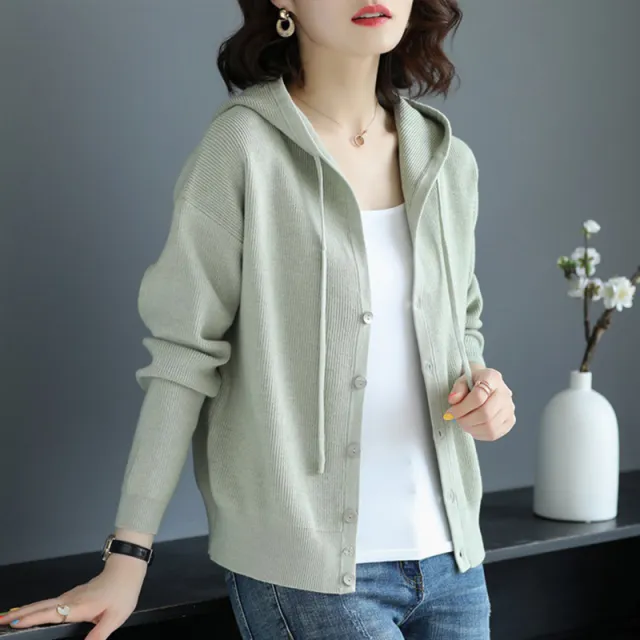 Hooded Sweater Coat Women Long Sleeve Single breasted Sweaters Clothes Green - Shop at LoveMi